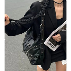 Lunivop Hot Girls Black Shoulder Bags Y2k Women Vintage Rivet Large Capacity Shoulder Crossbody Bag Ladies Retro Casual Handbag