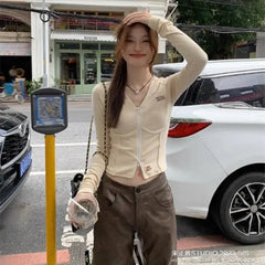 Lunivop Letter Double Zippers Camisetas Crop Tops Long Sleeve High Waist Korean Slim Fit Tshirts Skinny V Neck Casual Women Tees