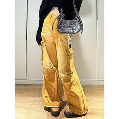 Lunivop American Retro Orange Women's Patchwork Striped High Street Denim Workwear Pants Y2K Design Fashionable Loose Wide Leg Pants New