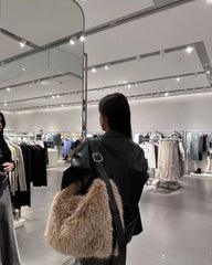 Lunivop Vintage Khaki Handbag Women Fashionable Large Capacity Soft Plush Tote Bag Ladies Retro Casual Shoulder Bag Y2k