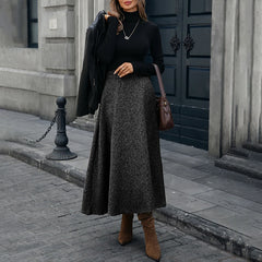 Lunivop BKLD Elegant Fashionable Women's Solid Color Elastic Waist Pockets Patchwork Woolen Pleated A-line Half Skirt Office Lady Bottom