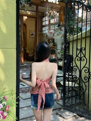 Lunivop Camis Women Plaid Sleeveless Halter Ruffles Bandage Backless Slim Vintage Sweet Casual Sexy Tank Tops Female Summer