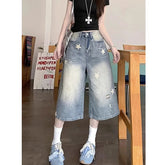 Lunivop Women's New Baggy Calf Length Jeans Vintage Hole Star Printed Wide Leg Denim Pants Ladies Fashion High Waisted Cropped Trousers