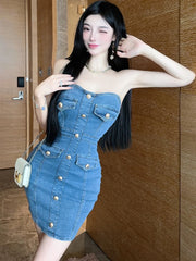 Lunivop Summer Blue Denim Chic Chest Wrapping Sexy Hip Wrap Dress Women Elegant Casual Mini Dress 2025 Korean Fashion Bodycon Prom Dress