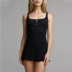 Lunivop 4 COLORS Sexy U collar Sleeveless Rib Knitting Dress Women Skinny Slim Fit Hem Pleated A-lined Short Tank Robe Pink Yellow Black