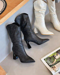 Lunivop Sexy Pointy Thigh High Boots Women Party Shoes New Fashion Patent Leather Pleated Slim Long Boots Thick High Heel Botas De Mujer