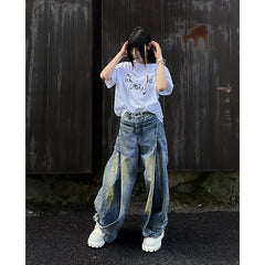 Lunivop Blue Jeans Women Y2K Hip Hop Vintage High Waisted American Style Jeans Streetwear Casual Loose Large Size Wide Leg Denim Pants