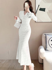 Lunivop Autumn Winter Pink Lace Hook Flower Hollow Prom Vestidos Women Fashion Bodycon Party Dress and Events Korean Casual Dresses