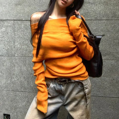 Lunivop Vintage Backless Pleated Orange Casual Long Sleeve Women Autumn New Streetwear Sexy Slim All Match Knitted Tops