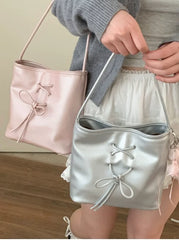 Lunivop Sweet Cute Tied Bow Handbag Women Leather Large Capacity Square Shoulder Bag Ladies Balletcore Elegant Y2k Underarm Bags