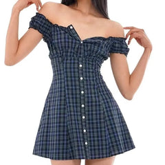 Lunivop CHIC Contrast Color Plaid Open Buttons Slash Shoulder Mini Dress Women Short Sleeve Slim Waist Dresses Holiday Robe Femme