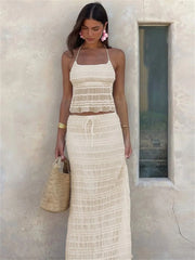 Lunivop Fashion Sexy 2 Piece-Set Long Skirt For Women Backless See-Through Cropped Top And High Waist Patchwork Maxi Skirt Outfits