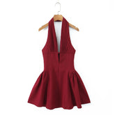 Lunivop Sexy Dark Red Pleated Ruched Halter Dress Women Deep V neck Slim Low Waist Swing Ball Gown Short Dresses Robe Vestidos
