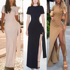 Lunivop Hottie Short-sleeved Round Collar Bodycon Hollow Off-waist Solid Color Asymmetric Maxi Split Dresses Hipster Sexy Y2K Streetwear