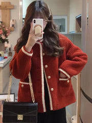 Lunivop Red Faux Lamb Sweet Coat Women Korean Long Sleeve Winter Warm Jacket Vintage Casual O Neck Elegant Pearls Buttons Cute Tops