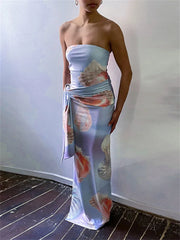 Lunivop Printed Backless Bandeau Long Dress For Women Contrast Fashion Holiday Beach Lace-Up Maxi Dress Female Bodycon Dress 