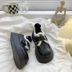 Lunivop Retro Leather Velvet Winter Women's Loafers Fashion Platform Mary Jane Shoes for Women Designer Casual Ladies Warm Cotton Shoes