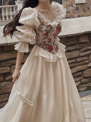 Lunivop Vintage Elegant Print Floral Dress Women Autumn O-neck Casual Evening Party Midi Dress Female Puff Sleeve Korea Fairy Dress