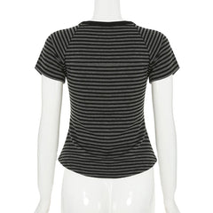 Lunivop Korean Fashion Striped V-Neck with Buttons Slimming T-shirts Women's Summer Short Sleeve Top Tees Y2K Aesthetics New