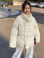 Lunivop Cute Preppy Style Sweet Puffy Parkas Women Loose Vintage Long Sleeve Cotton Coat Casual Stand Collar Winter Warm Thick Jacket