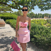 Lunivop Sweetheart Mini Dress Satin Pink Floral Skirt Women Strapless Ruched Club Solid Color Casual Dresses Short Mermaid Party Dresses