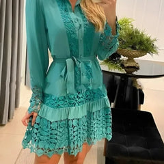 Lunivop New Autumn Women Casual Dress Fashion Sexy Lace Hollow Solid Shirt Mini Dresses Long Sleeve Holiday Party Robe Femme Vestidos