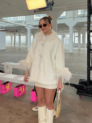 Lunivop Elegant Feather Collar Cape Coats For Women Casual Solid Single Breasted Jackets Lady Autumn Chic Loose High Street Outwear Tops