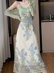 Lunivop Fashion Spring Summer Two Piece Set Women Cardigan Short Top + Retro Jacquard Spaghetti Straps Midi Dress Elegant Party Suits