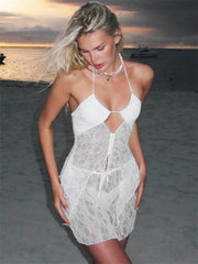 Lunivop White Sexy Lace 2 Piece-Set Female Hollow Out Holiday Beach Clothes Lace-Up Backless See-Through Top And Skirt Sets Summer