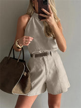 Lunivop Commuting Two-Piece Shorts Set For Women Sleeveless Solid New Halter-Neck Top And High-Waisted Shorts Two-Piece Set
