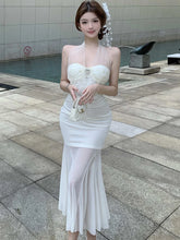 Lunivop Summer White Mesh Patchwork Ruffled Mermaid Dress Women Elegant Diamonds Neck-mounted Sexy Dress 2025 Korean Luxury Party Dress