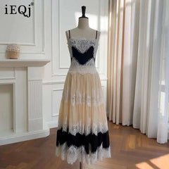 Lunivop French Style Lace Contrast Suspender Dress Spliced Sleeveless One Shoulder Evening Dresses Female 2025 Spring New