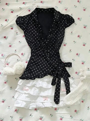Lunivop Vintage Y2K Sweet 2 Piece Set Women Slim Fit Polka Dot Lapel Waist Cinched Top + White Lace Trim Mini Skirt Fashion Chic Outfit