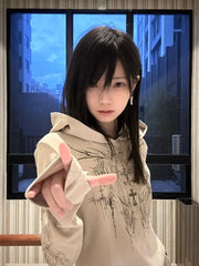 Lunivop Gothic Print Graphic Tops Hoody Long Sleeve Y2k Aesthetics Vintage Crop Tops Streetwear 2000s Japanese Grunge Tee Tops