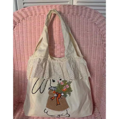 Lunivop Rabbit Embroidery Beige Shoulder Bags Women Lolita Cute Lace Large Capacity Tote Bag Handbag Female Canvas Underarm Bag