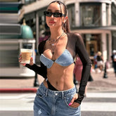 Lunivop Denim Mesh Patchwork Sheer Crop Top Women Autumn Sexy Chest Wrapped Long Sleeve Backless Hot Girls Y2k Tees Hipster Streetwear