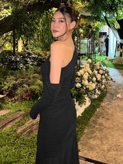 Lunivop Sexy One Shoulder Mesh Maxi Dress For Women Coffee Long Sleeve Evening Dress Female Winter Skinny Elegant Party Clubwear