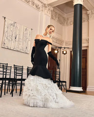 Lunivop Black and White Mermaid Evening Dresses Off Shoulders Backless Women 피로연드레스 Elegant Wedding Party Gowns Without Glove Custom