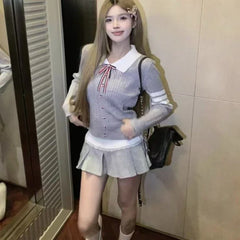 Lunivop Preppy Style Grey Sweaters Women Sweet Kawaii Bow Knitted Pullover Elegant Cutecore Autumn Winter Long Sleeve Sweaters