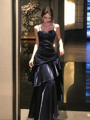 Lunivop Vintage Blue Elegant Sexy Backless Ruffles Long Dresses French Pleated Slip Sleeveless Vestidos Birthday Evening Party Dress