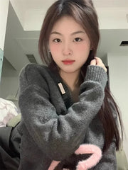 Lunivop Pink Sweet Star Pullovers Women V Neck Short Sweaters Long Sleeve Knitted Harajuku Preppy Style Y2k Loose Sueter Mujer Korean