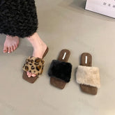 Lunivop Plush House Slippers for Women Flat Sandals New Fashion Leopard Fuzzy Open Toe Slippers Anti Skid Ladies Slip on Mules
