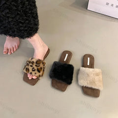 Lunivop Plush House Slippers for Women Flat Sandals New Fashion Leopard Fuzzy Open Toe Slippers Anti Skid Ladies Slip on Mules