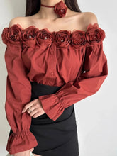 Lunivop 3D Floral Off Shoulder Red Blouse Women Elegant Long Sleeve Sexy Shirt Vintage Casual French Fall Female Single Breasted Tops