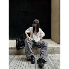 Lunivop Women Autumn Grey Baggy Jeans Vintage Cowboy Pants Harajuku Aesthetic Streetwear Denim Trousers Y2k 2000s Style Clothes 2024 New