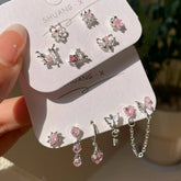 Lunivop 6Pcs/Set Heart Flower Butterfly Chain Pendant Earrings Women's Korean Fashion Y2K Pink Crystal Love Earrings Piercing for Ears