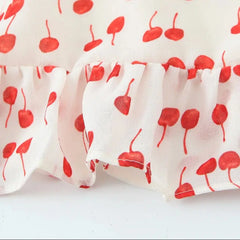 Lunivop Women French Style Retro Cherry Fruit Print Wood ear Ruched Chest Bow Lacing Up Sling Dress Short Chiffon Dresses Holiday Robe