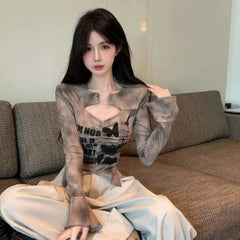 Lunivop American New Tie Dye Printed Top for Women Spring Slim Fit Bottoming T-shirts Fashion All-match Flare Sleeve Tee Shirt