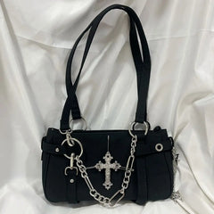 Lunivop Gothic Cross Y2k Bag Women Vintage Grunge Punk Chain Casual Shoulder Bag Female Retro Moto Biker Black Handbag Aesthetic