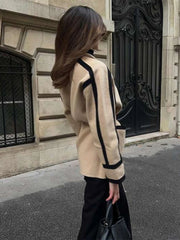 Lunivop Women's Long Sleeve Thicken Woolen Coat Casual Autumn Jacket with Belt Pockets Spliced Contrast Design for Commuter Outwear